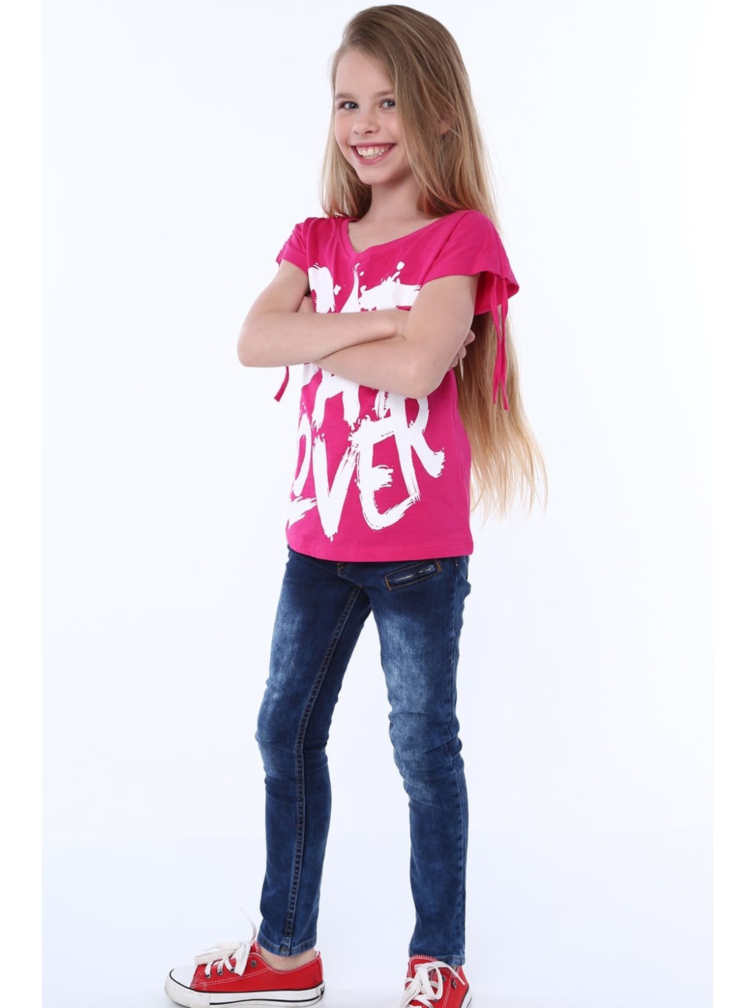 Girls\' blouse with short sleeves and an inscription, amaranth NDZ81690 - Online store - Boutique